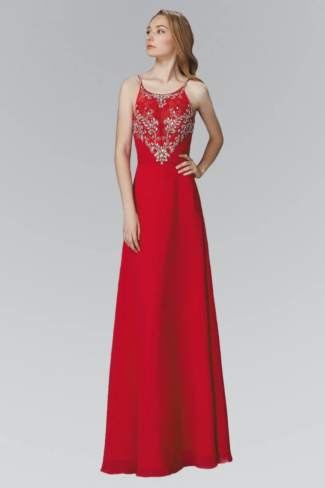 Spaghetti Straps Long Chiffon Dress Accented with Bead and Jewel by Tux-USA