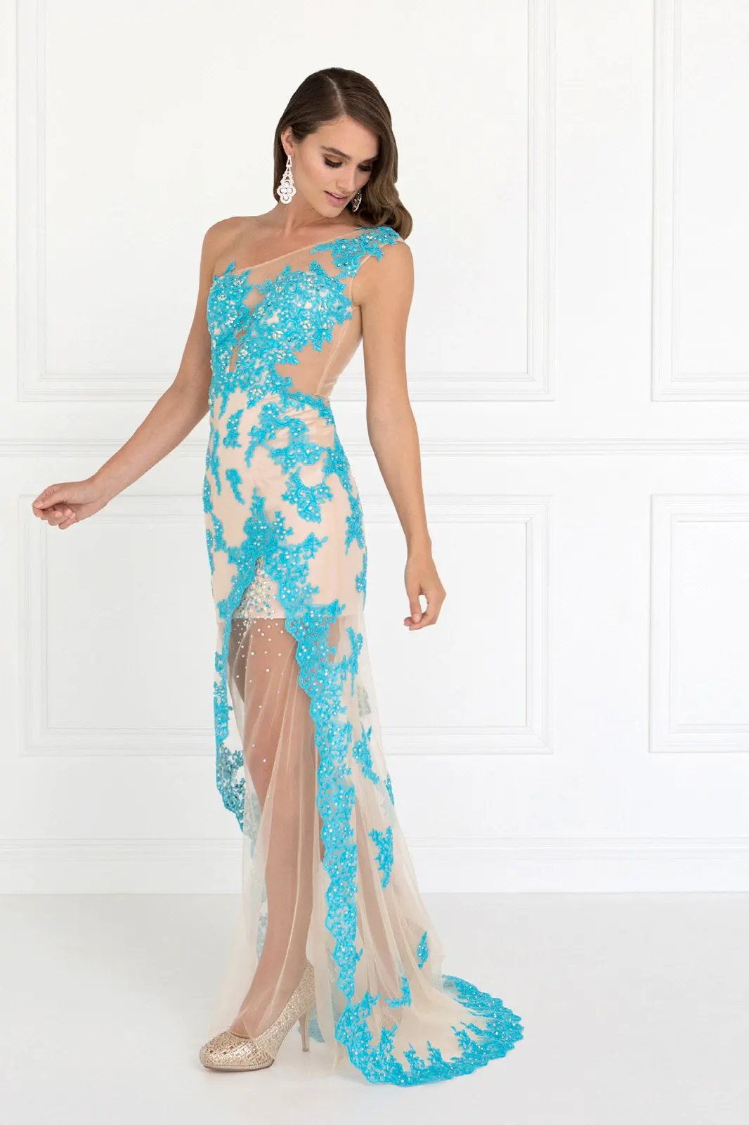 One Shoulder Sheer Back Long Dress with Lace and Rhinestone Detailing by Tux-USA