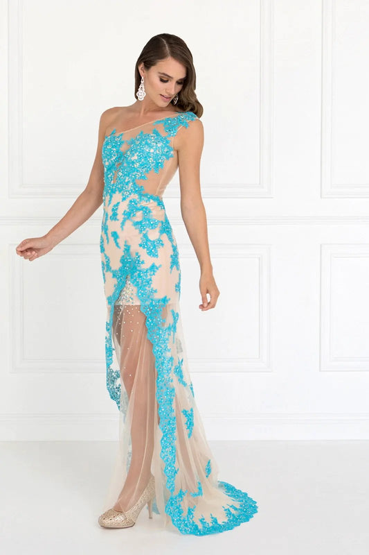 One Shoulder Sheer Back Long Dress with Lace and Rhinestone Detailing by Tux-USA