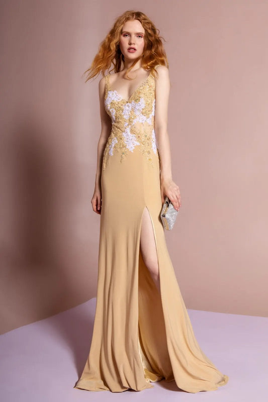 Jersey Long Dress with Sheer Midriff and Side Slit by Tux-USA