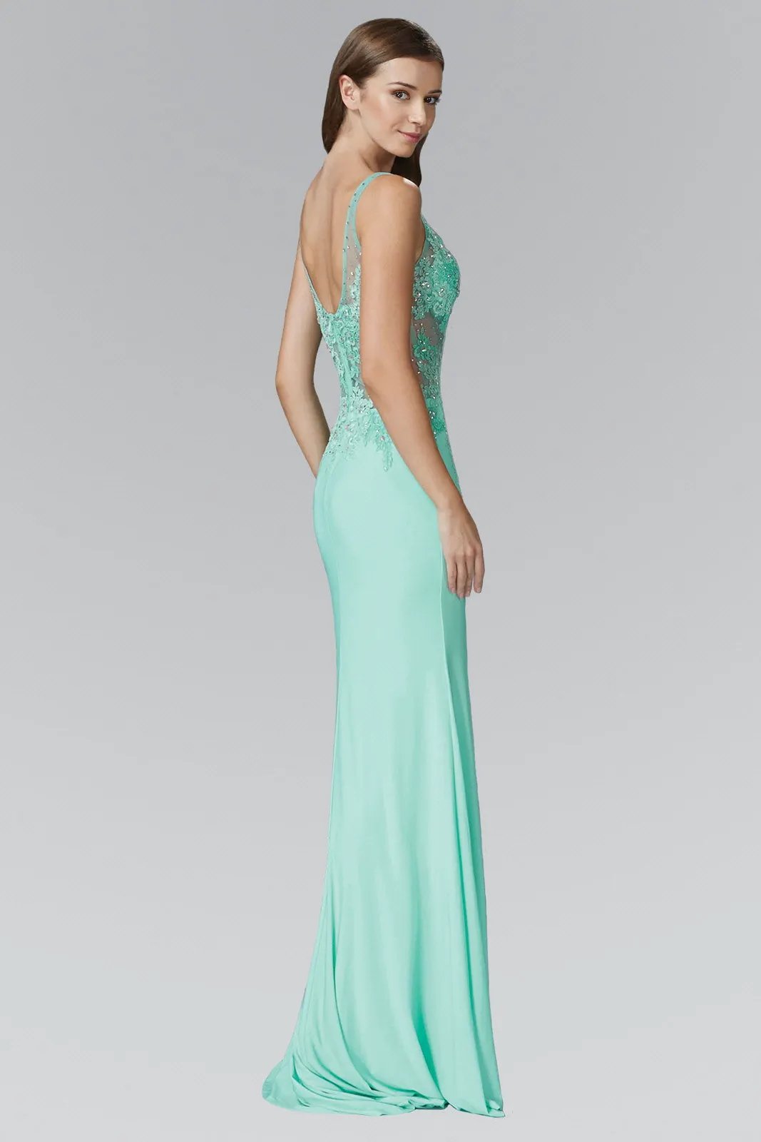 Jersey Long Dress with Sheer Midriff and Side Slit by Tux-USA