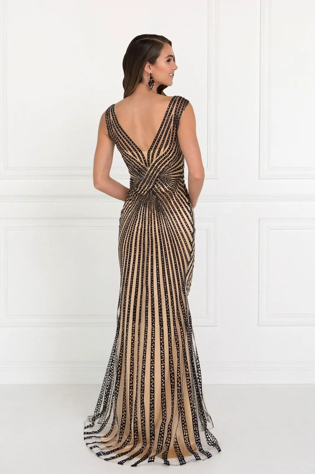 V-Neck Floor Length Dress with Rhinestone on Stripe by Tux-USA