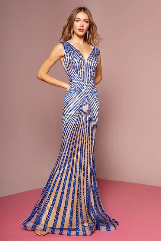 V-Neck Floor Length Dress with Rhinestone on Stripe by Tux-USA