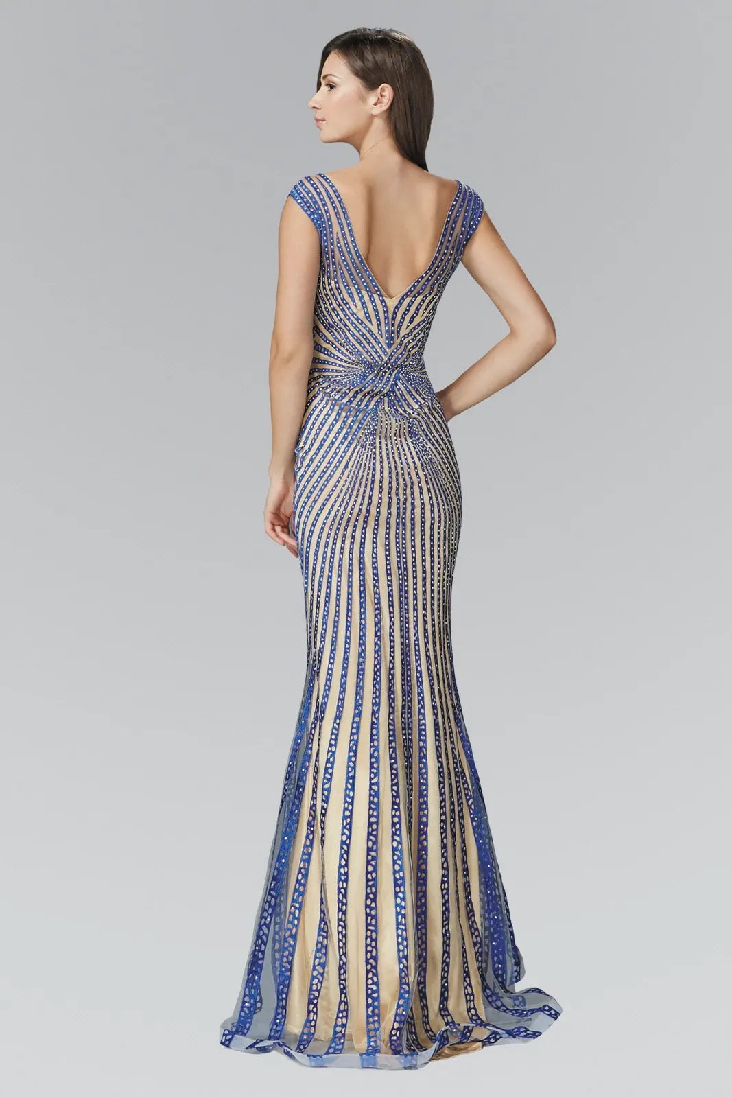 V-Neck Floor Length Dress with Rhinestone on Stripe by Tux-USA