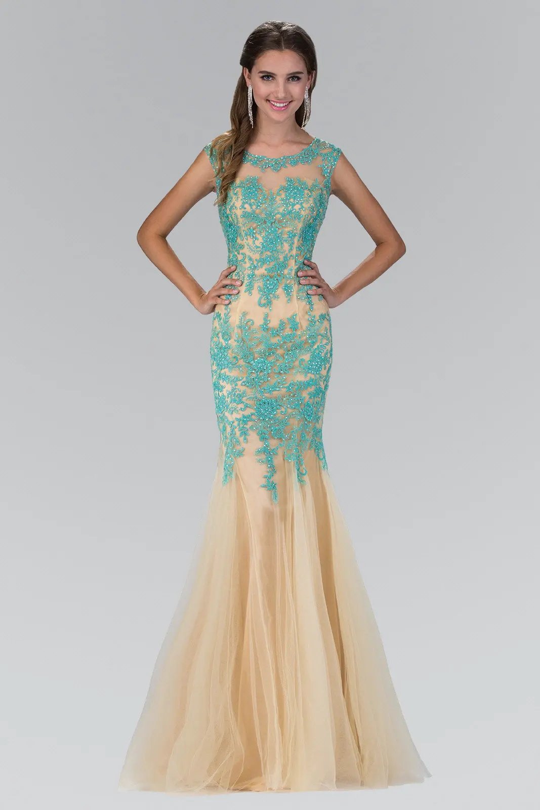 Lace Embellished Mesh Long Dress with Sheer Neckline by Tux-USA