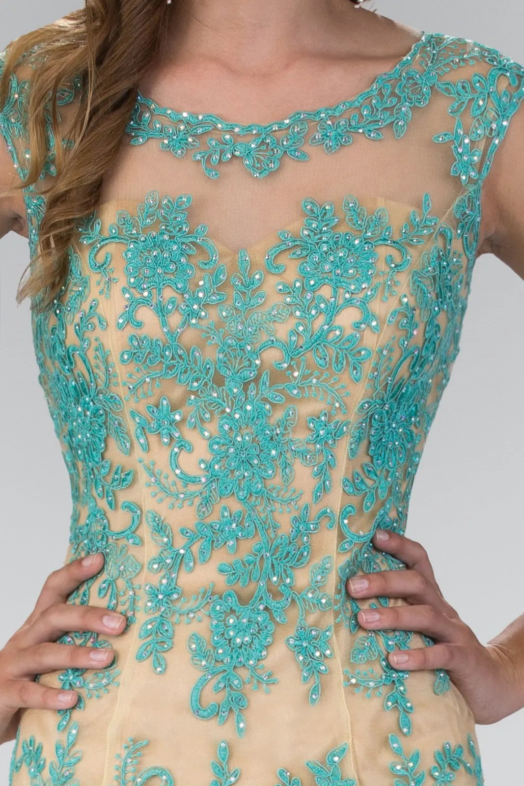 Lace Embellished Mesh Long Dress with Sheer Neckline by Tux-USA