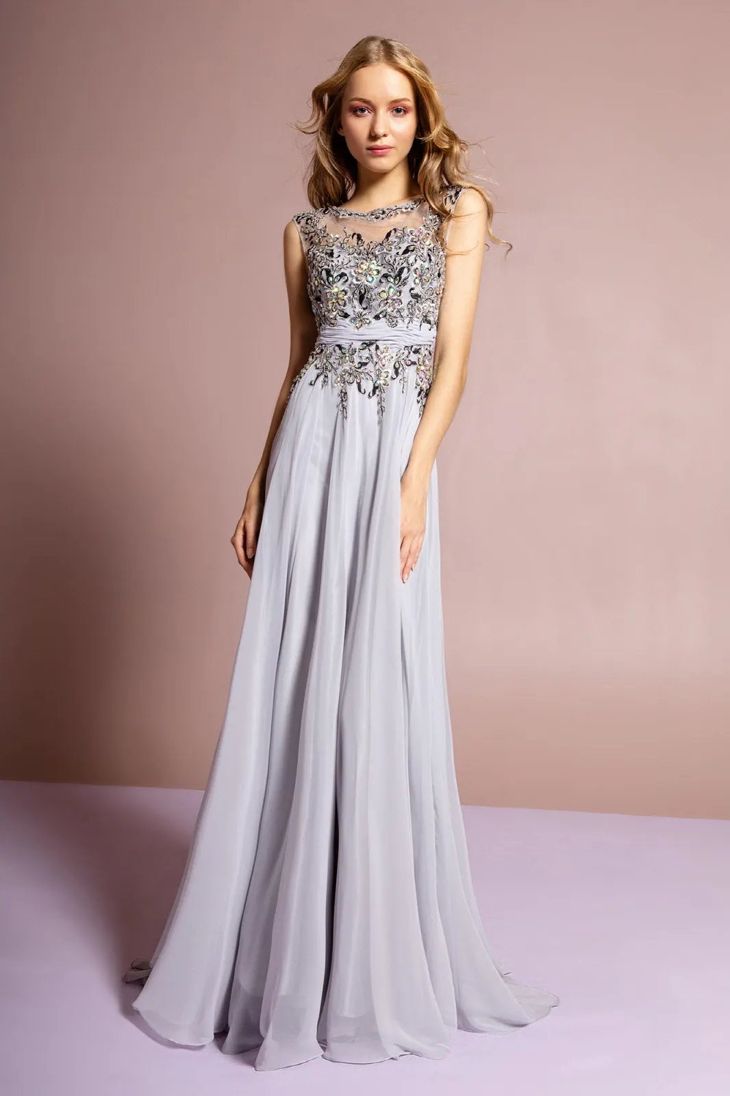 Sleeveless Long Dress with Lace and Jewel Embellished Bodice by Tux-USA