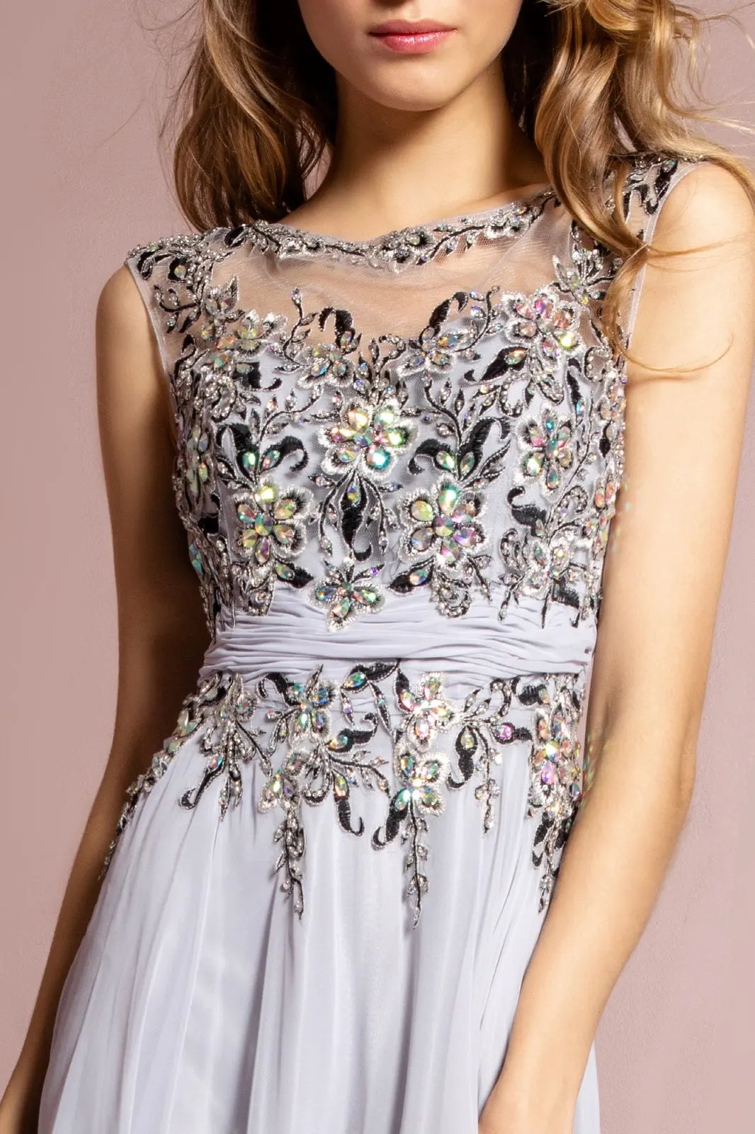 Sleeveless Long Dress with Lace and Jewel Embellished Bodice by Tux-USA