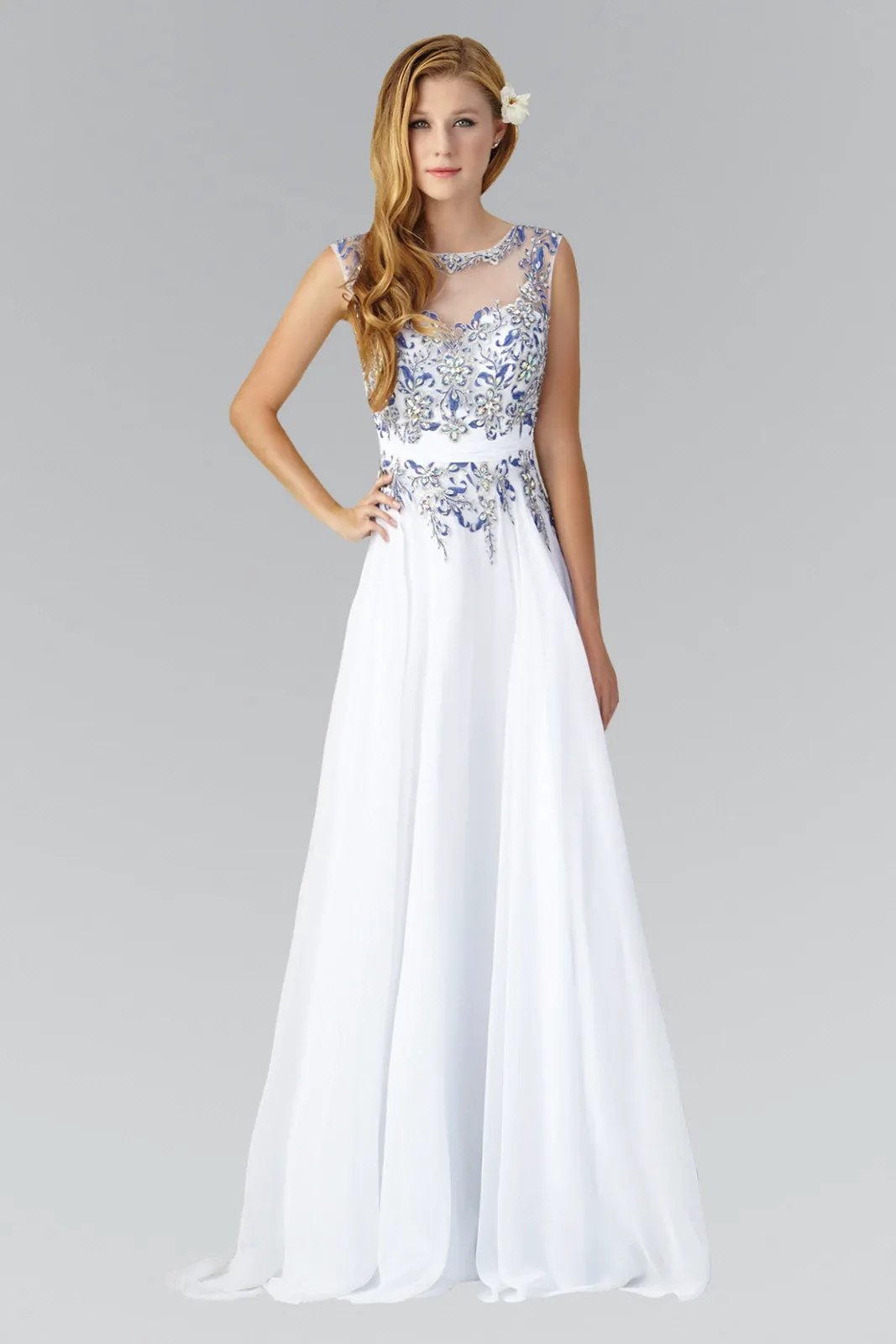 Sleeveless Long Dress with Lace and Jewel Embellished Bodice by Tux-USA
