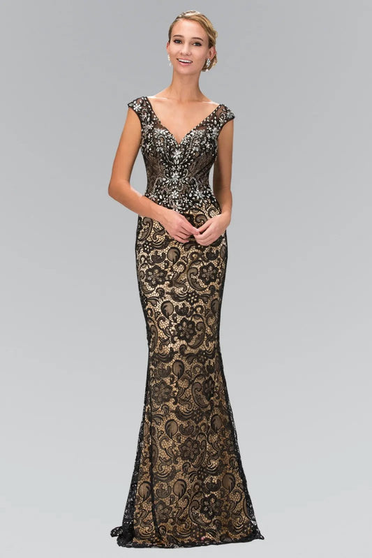 V-Neck Lace Embellished Long Dress with Jewel Detailing by Tux-USA