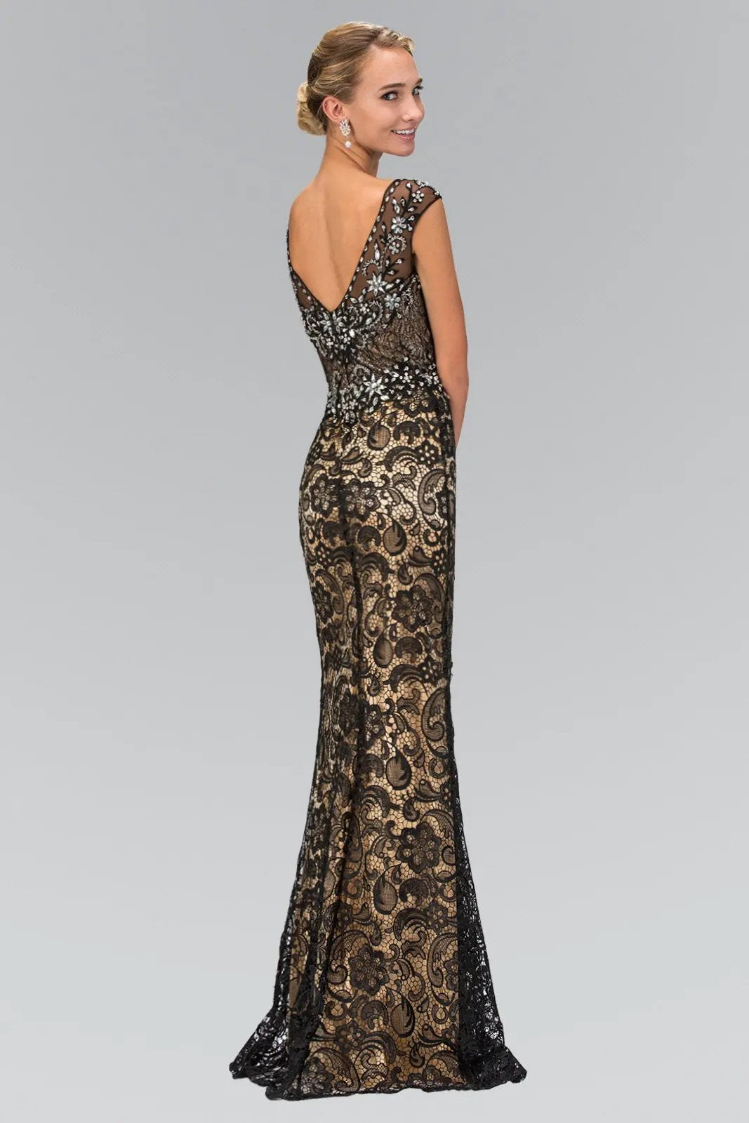 V-Neck Lace Embellished Long Dress with Jewel Detailing by Tux-USA
