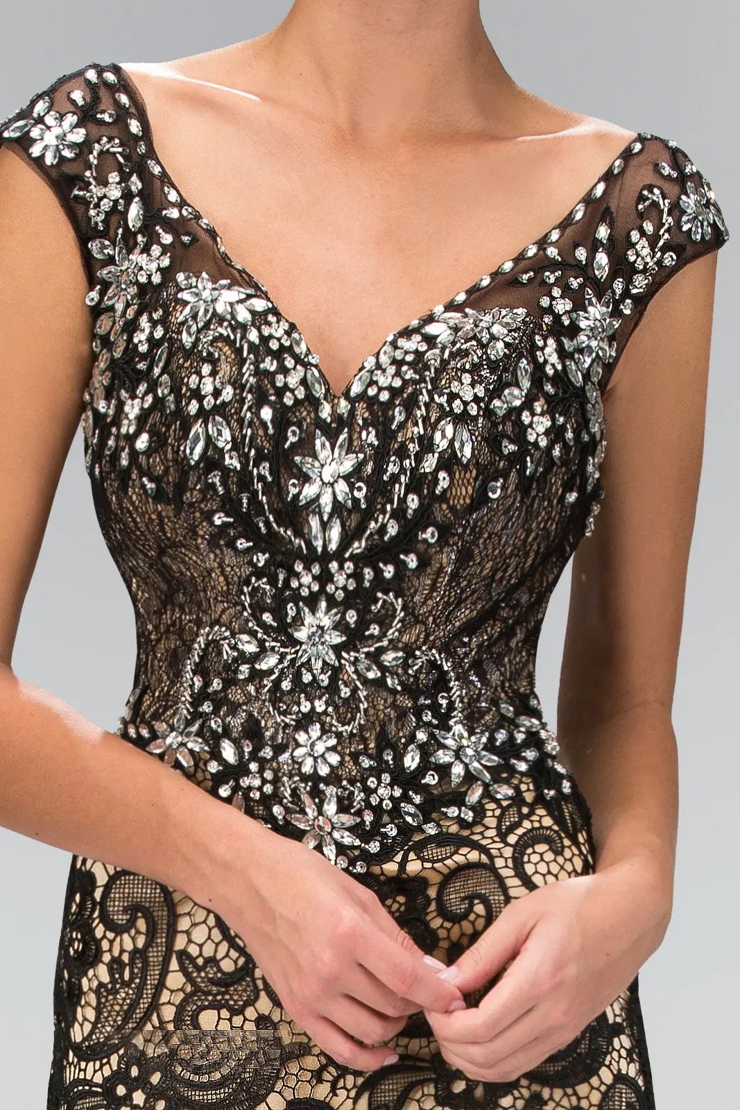 V-Neck Lace Embellished Long Dress with Jewel Detailing by Tux-USA
