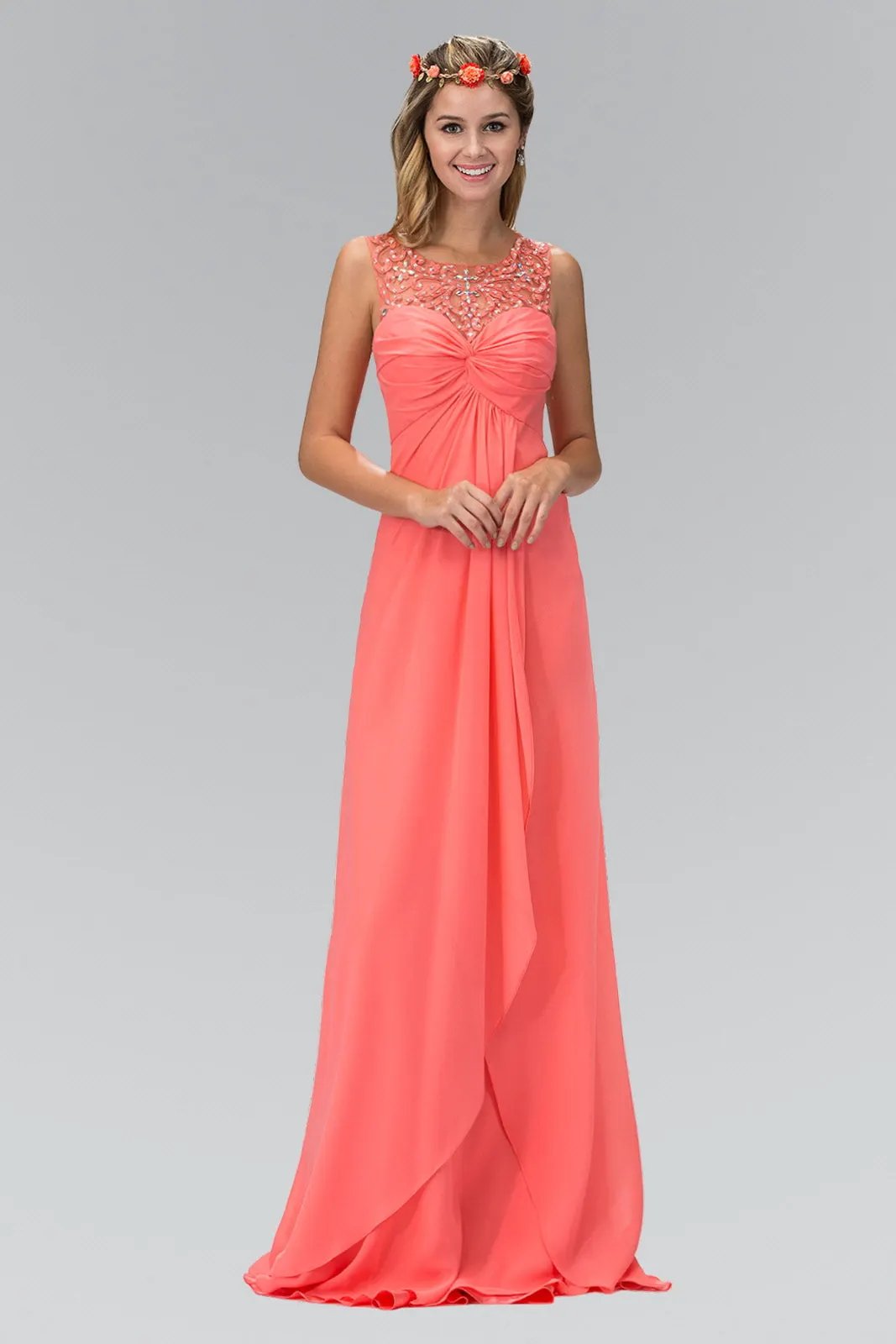 Empire Line Chiffon Long Dress with Beaded Illusion Neckline by Tux-USA