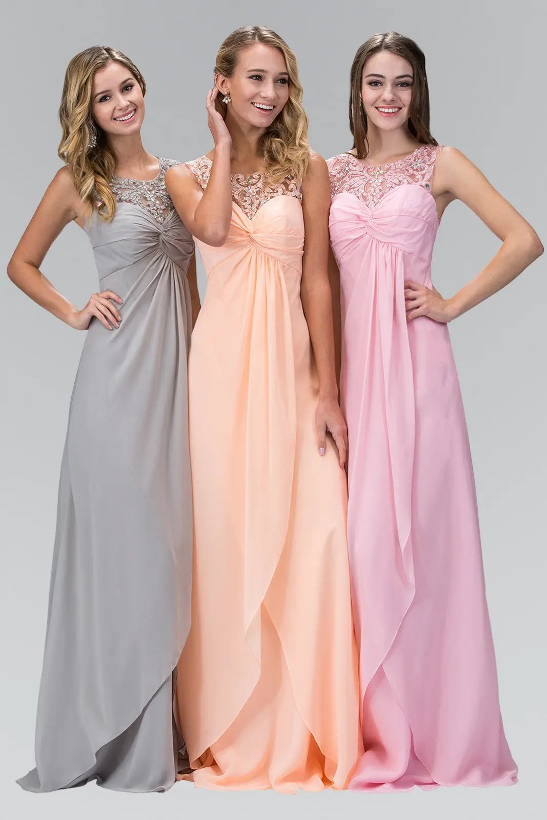 Empire Line Chiffon Long Dress with Beaded Illusion Neckline by Tux-USA