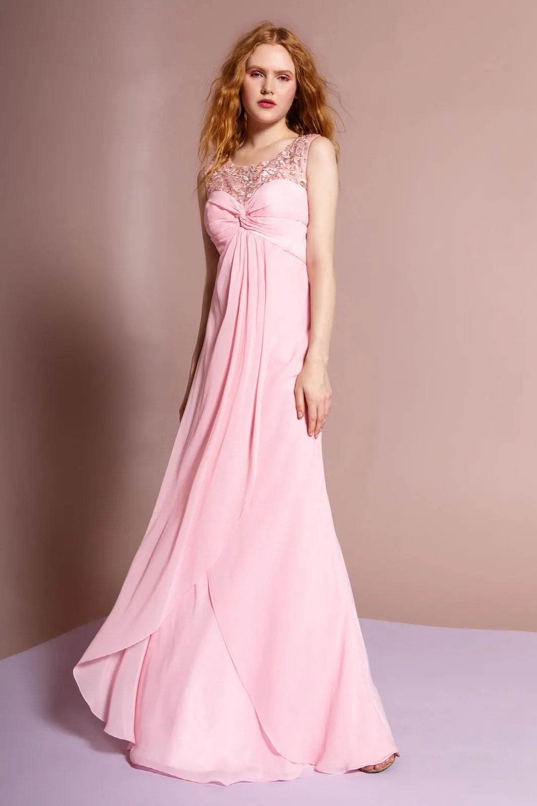Empire Line Chiffon Long Dress with Beaded Illusion Neckline by Tux-USA