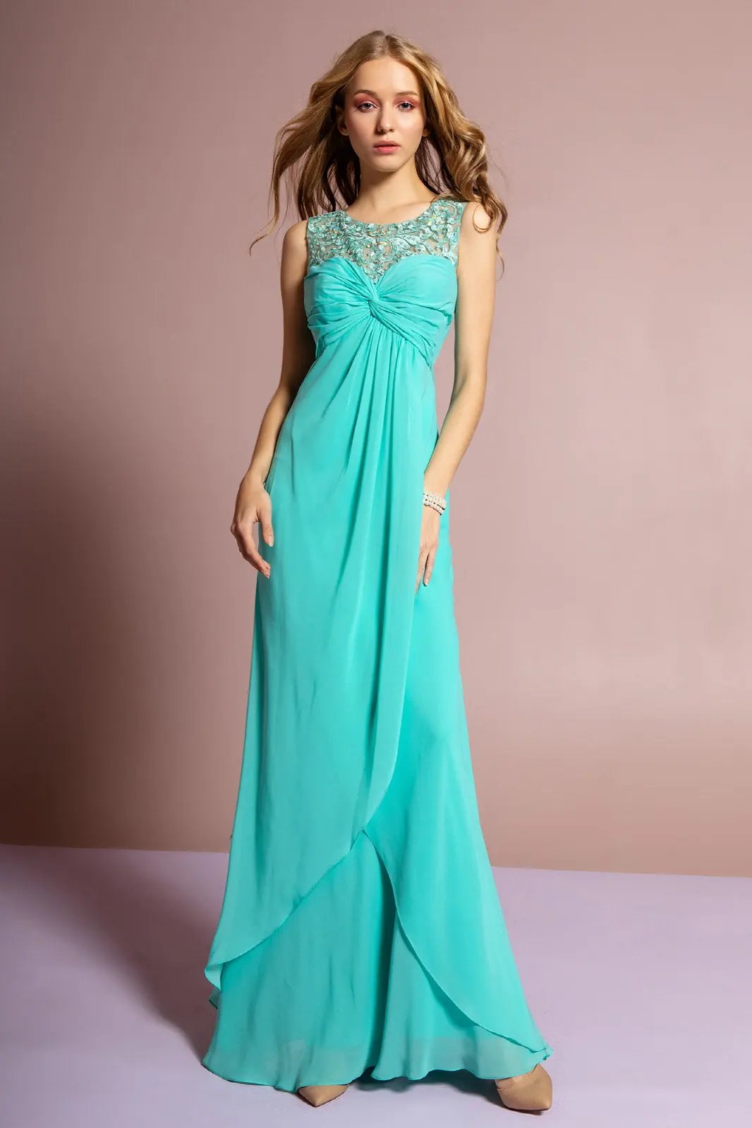 Empire Line Chiffon Long Dress with Beaded Illusion Neckline by Tux-USA
