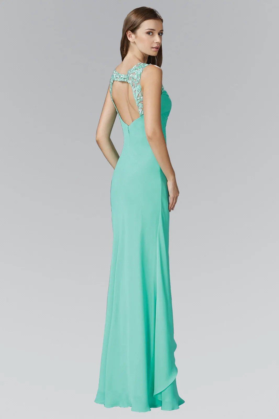 Empire Line Chiffon Long Dress with Beaded Illusion Neckline by Tux-USA