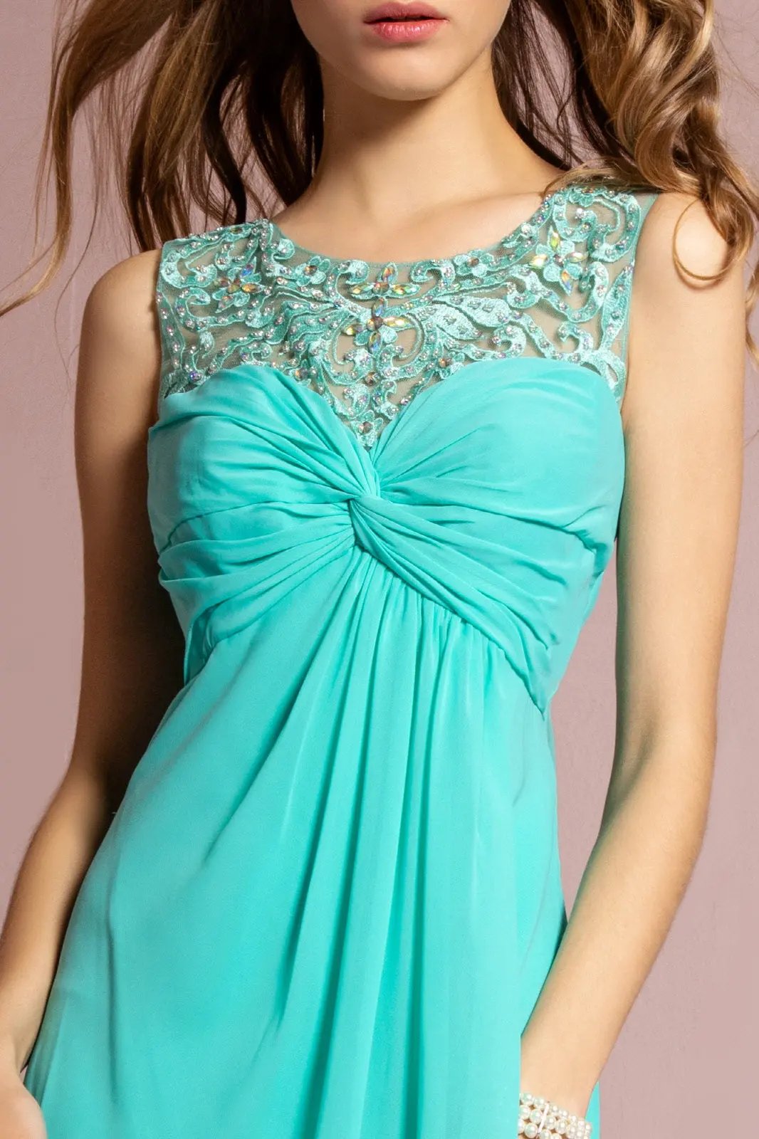 Empire Line Chiffon Long Dress with Beaded Illusion Neckline by Tux-USA