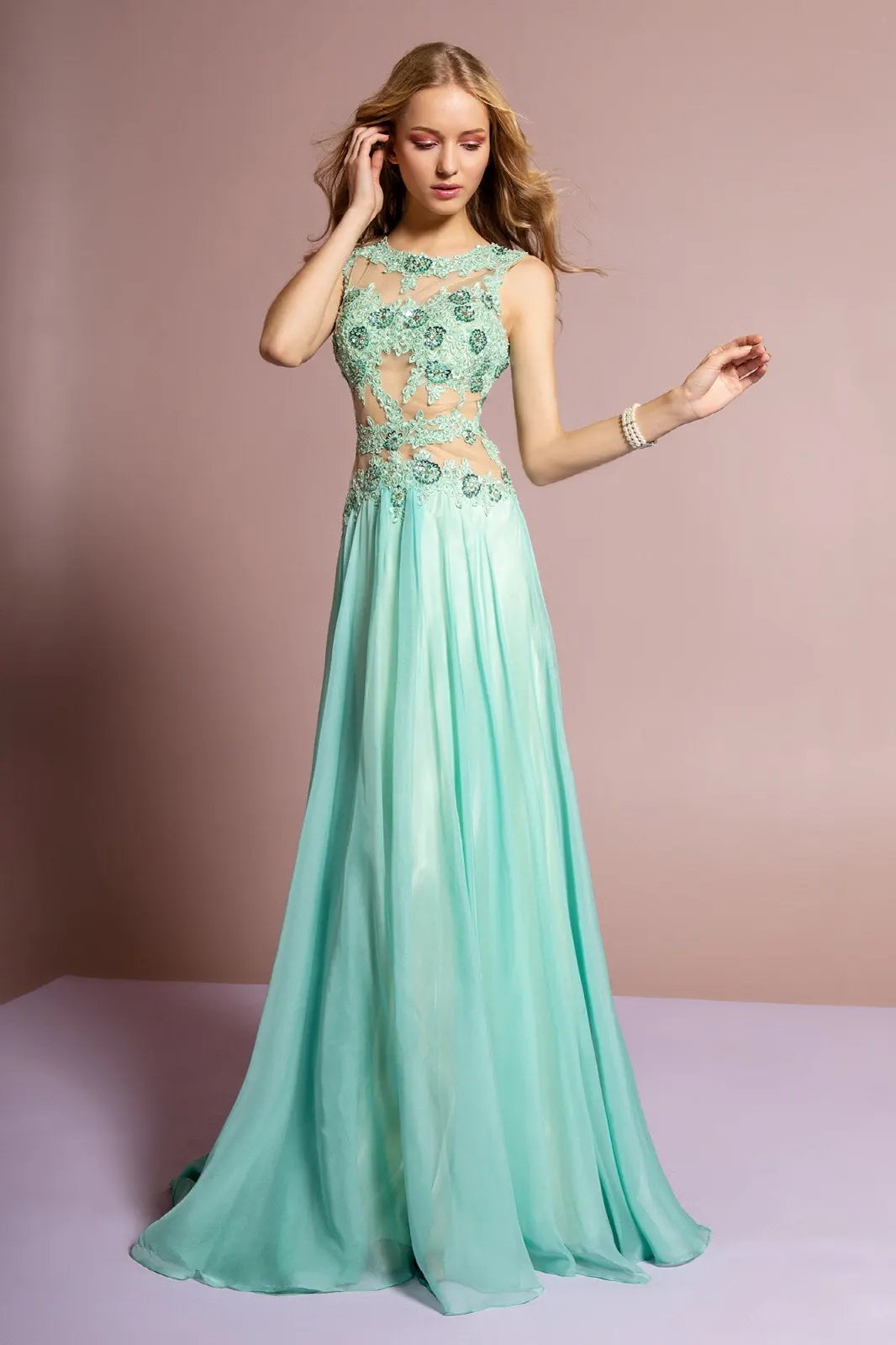 Bead and Lace Embellished Chiffon Long Dress with Sheer Bodice by Tux-USA