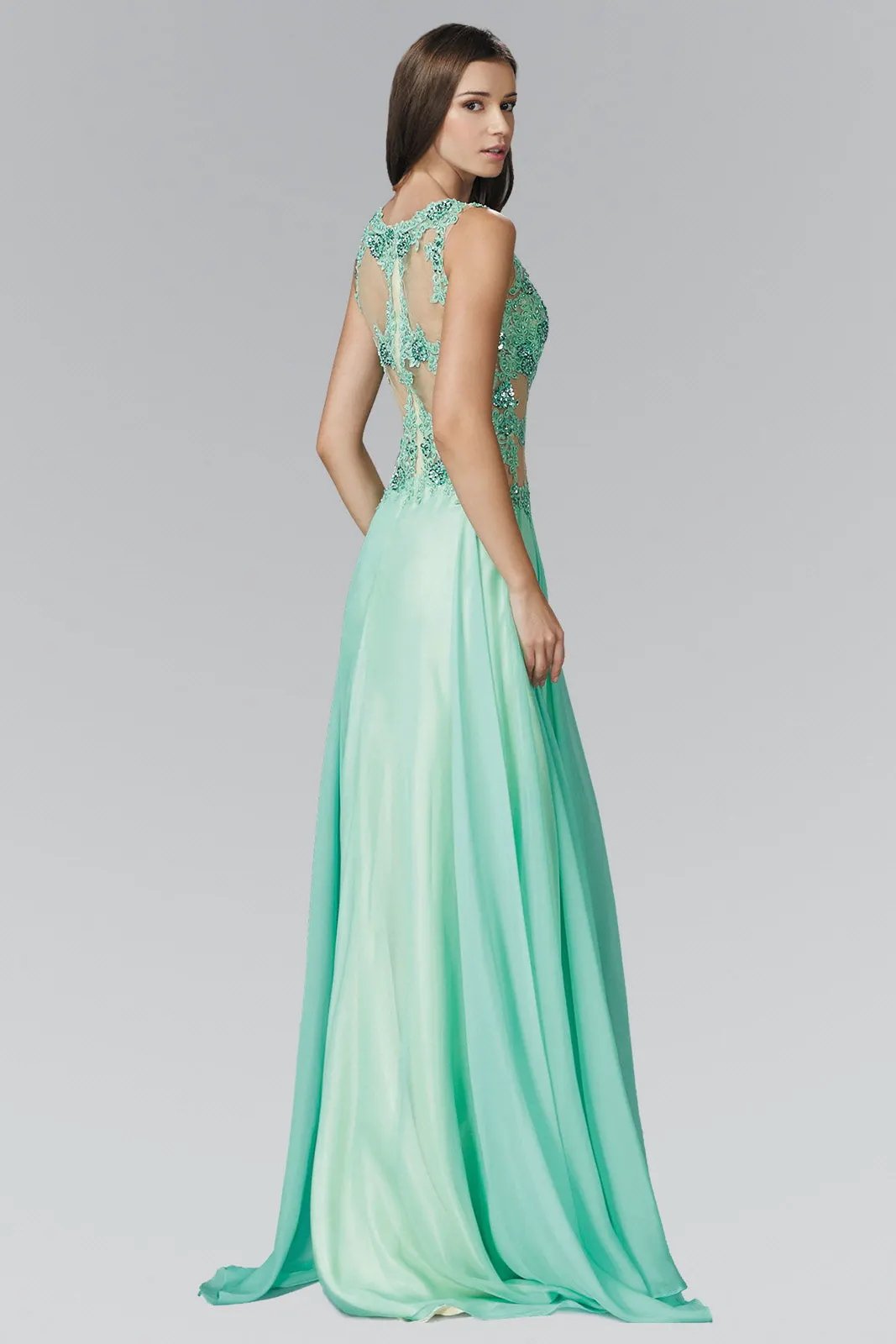 Bead and Lace Embellished Chiffon Long Dress with Sheer Bodice by Tux-USA