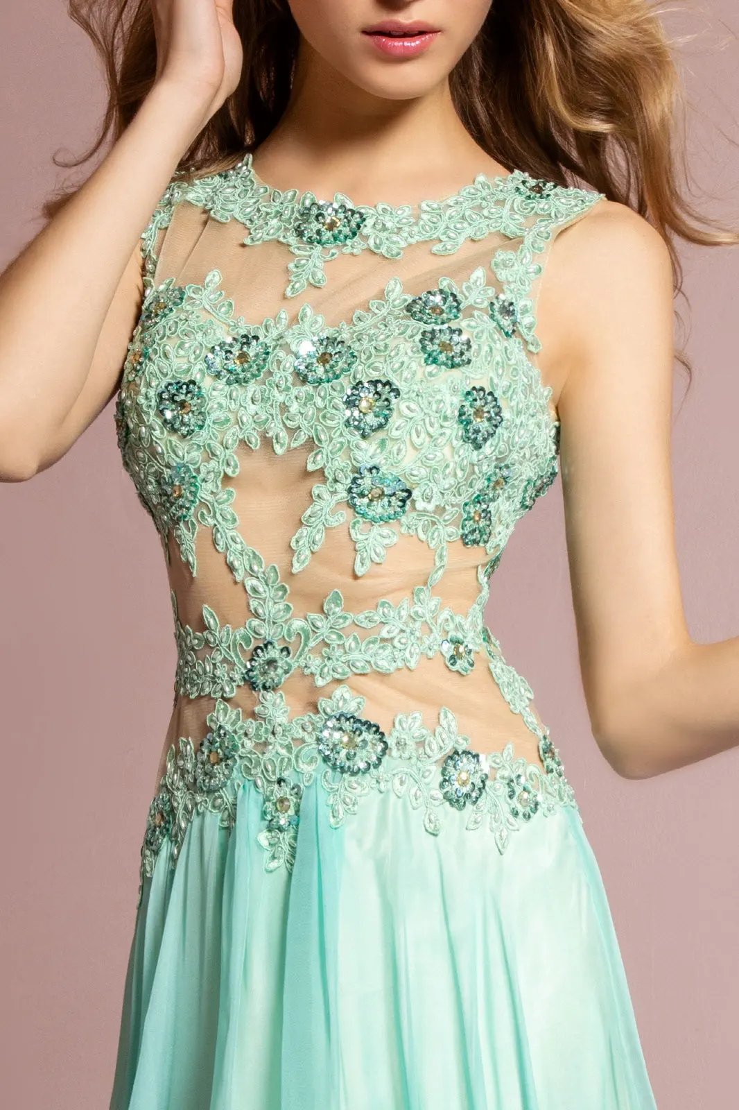 Bead and Lace Embellished Chiffon Long Dress with Sheer Bodice by Tux-USA