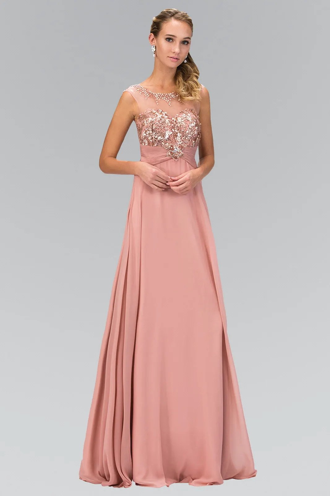 Sequin Embellished Chiffon Long Dress with Beaded Sweetheart Illusion Neckline by Tux-USA