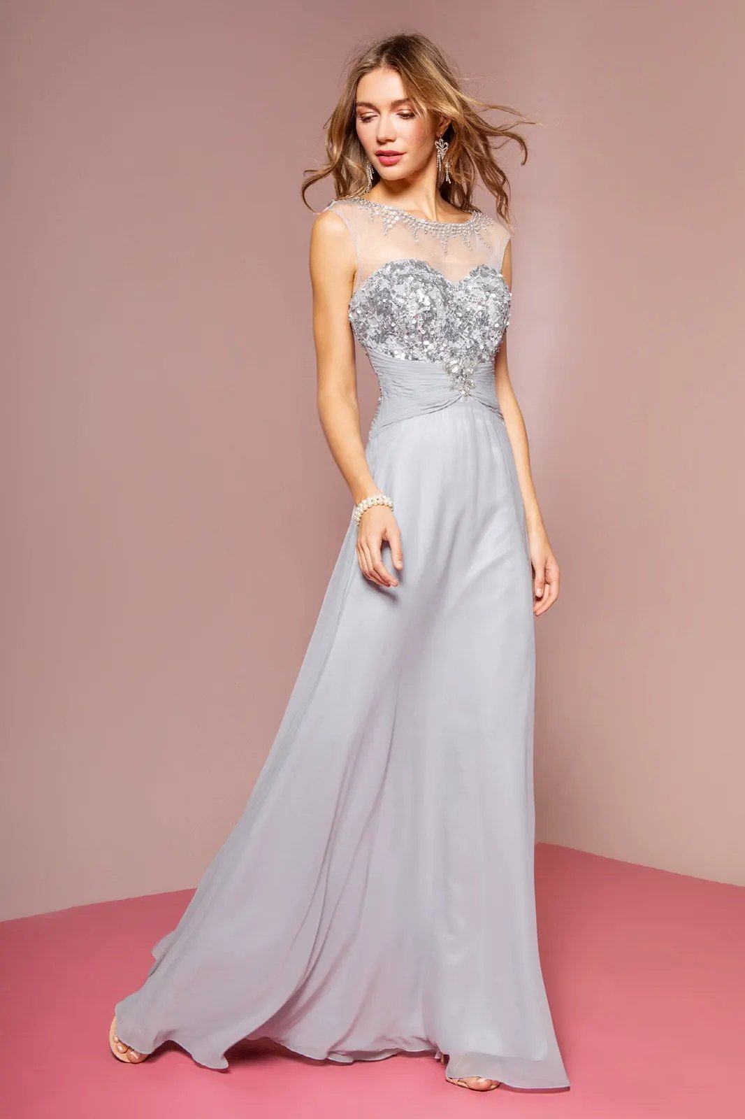 Sequin Embellished Chiffon Long Dress with Beaded Sweetheart Illusion Neckline by Tux-USA