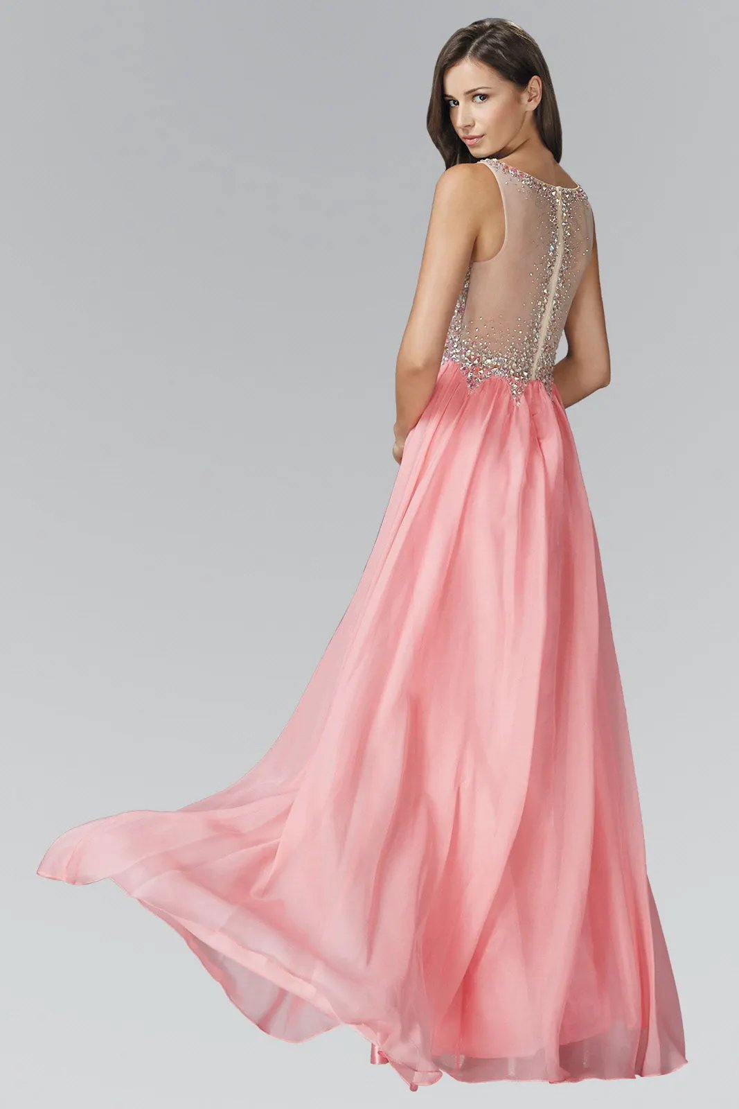 Beaded Chiffon Long Dress W/ Sequin Embellished Sheer Bodice and Corset Back by Tux-USA