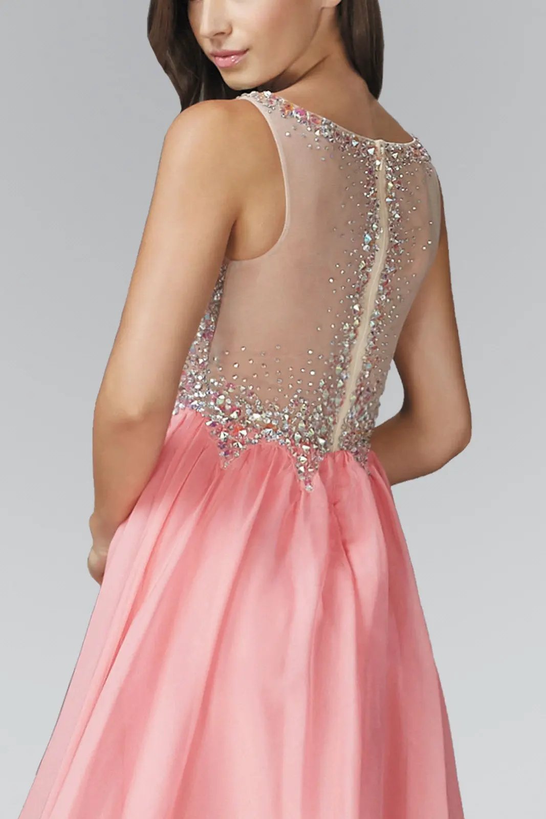 Beaded Chiffon Long Dress W/ Sequin Embellished Sheer Bodice and Corset Back by Tux-USA