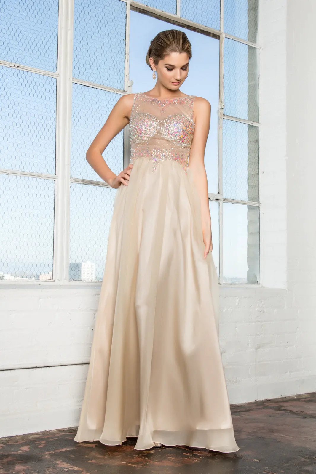 Beaded Chiffon Long Dress W/ Sequin Embellished Sheer Bodice and Corset Back by Tux-USA