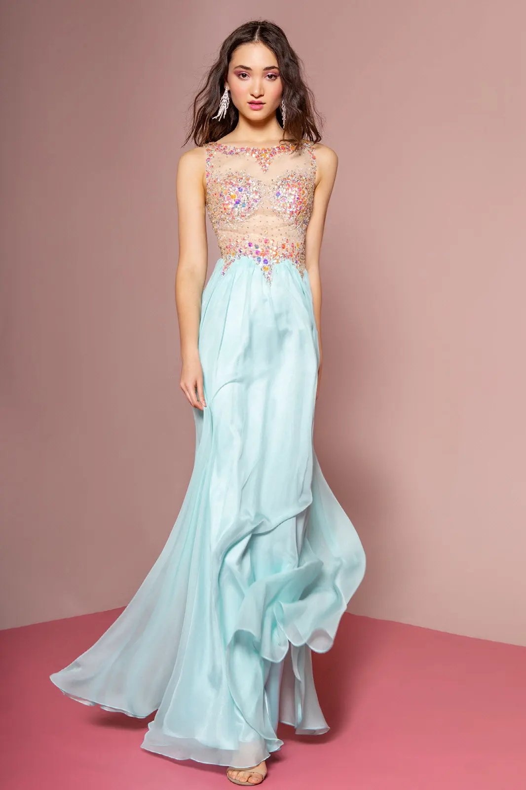 Beaded Chiffon Long Dress W/ Sequin Embellished Sheer Bodice and Corset Back by Tux-USA