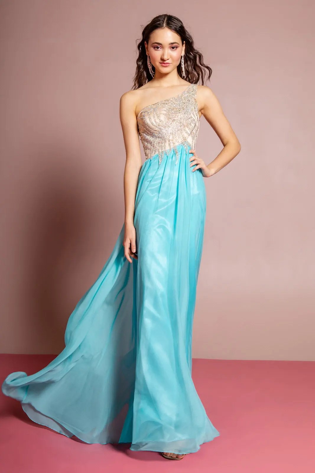 One Shoulder Jewel Embellished Bodice Chiffon Floor Length Evening Dress Tux USA by Tux-USA