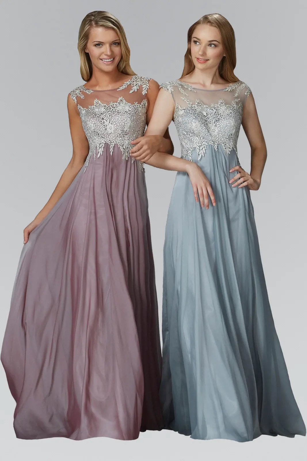 Chiffon Long Dress with Lace Embellished Bodice and Sheer Neckline by Tux-USA