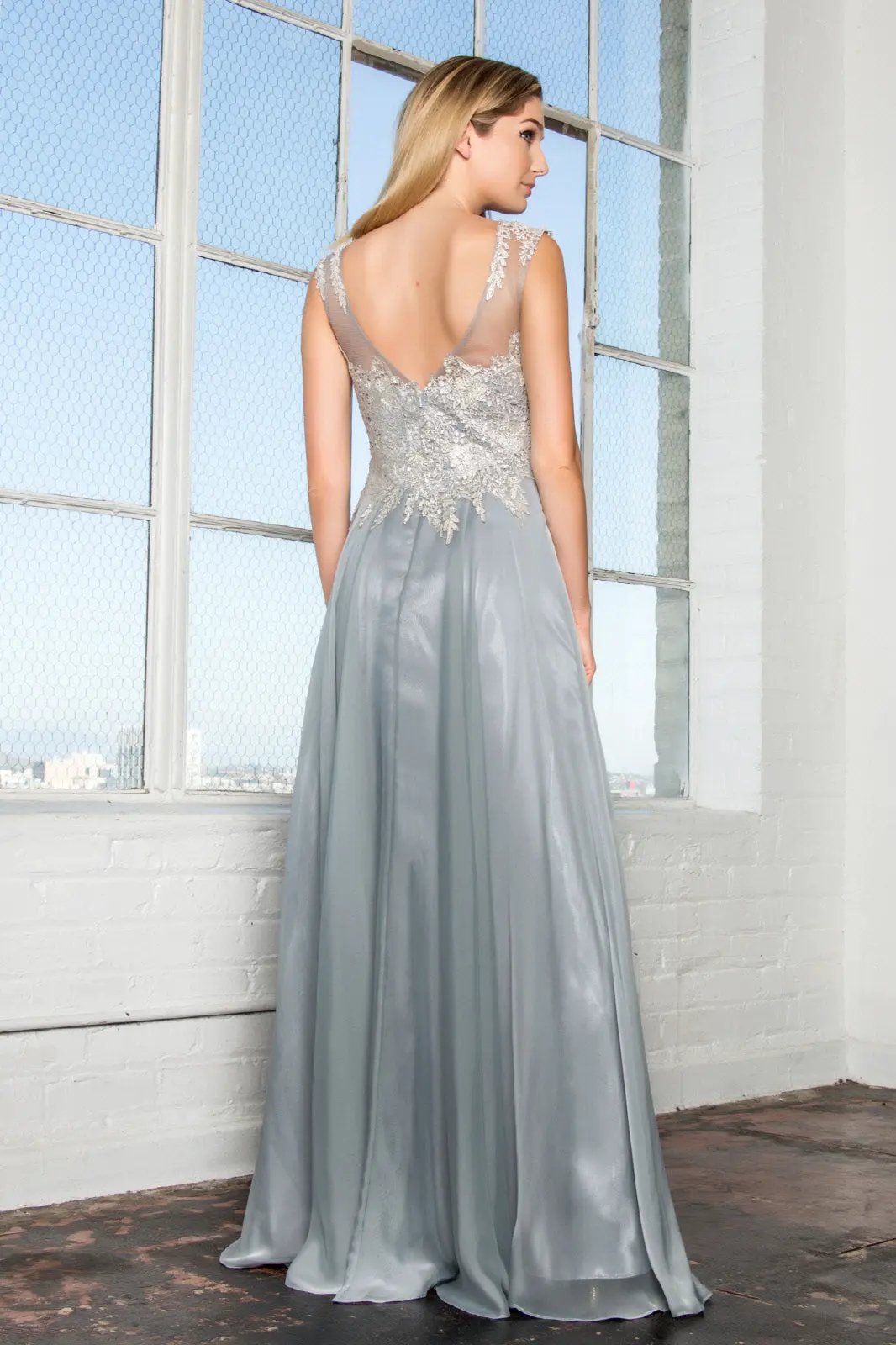 Chiffon Long Dress with Lace Embellished Bodice and Sheer Neckline by Tux-USA