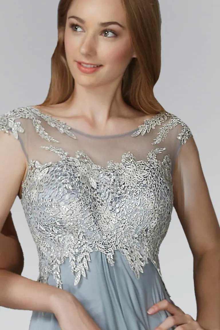 Chiffon Long Dress with Lace Embellished Bodice and Sheer Neckline by Tux-USA