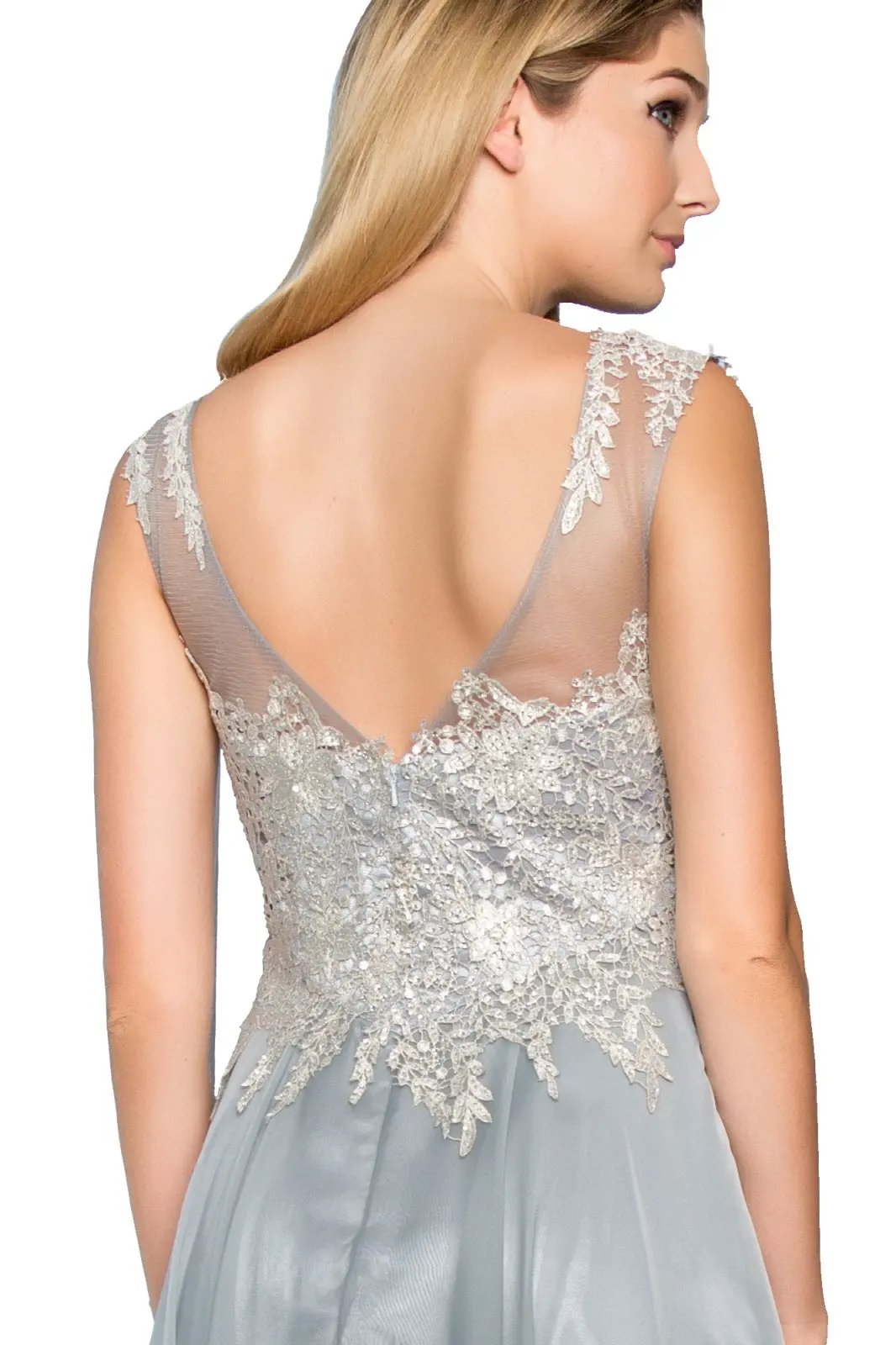 Chiffon Long Dress with Lace Embellished Bodice and Sheer Neckline by Tux-USA