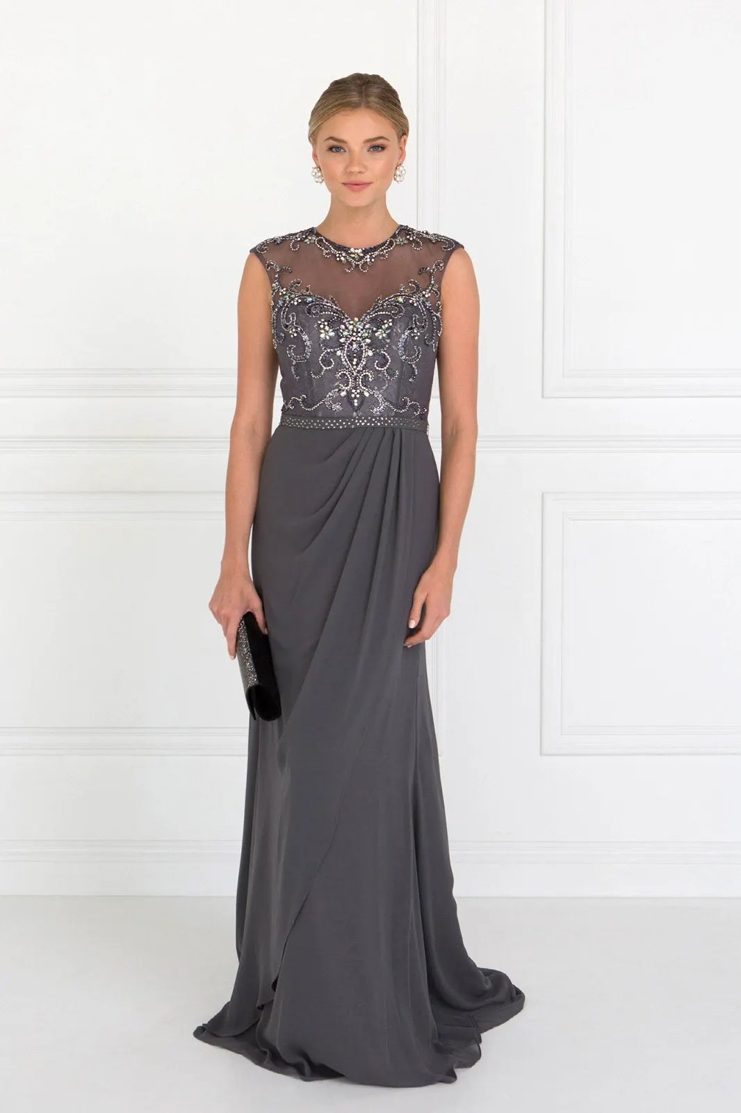 Sleeveless Chiffon Floor Length Dress with Jewel Embellished Bodice and Back by Tux-USA