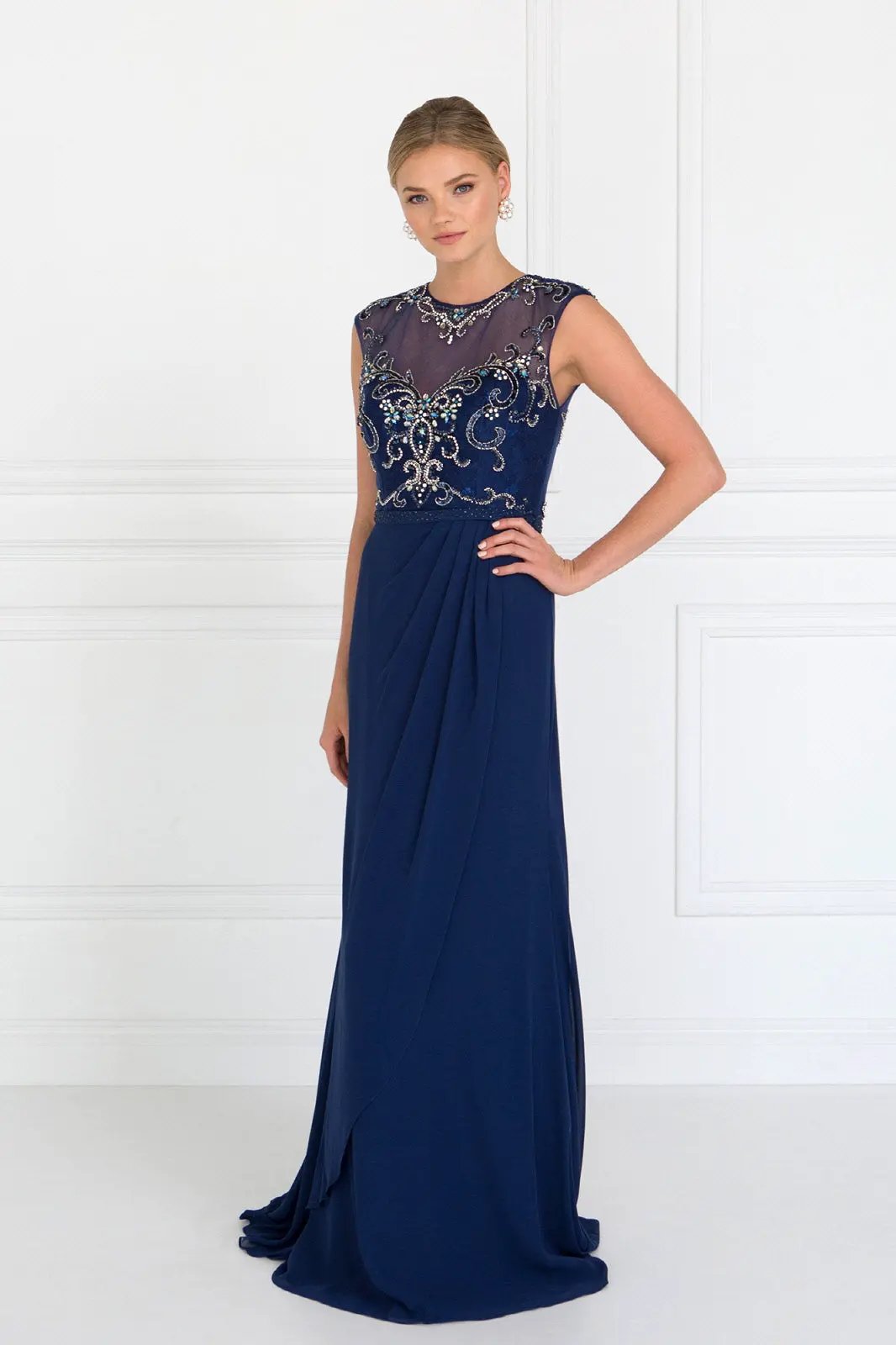 Sleeveless Chiffon Floor Length Dress with Jewel Embellished Bodice and Back by Tux-USA