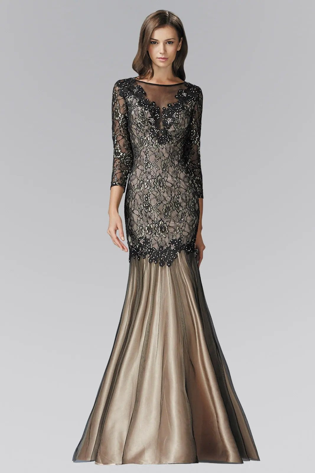 Three Quarter Length Sleeve Lace Long Dress by Tux-USA
