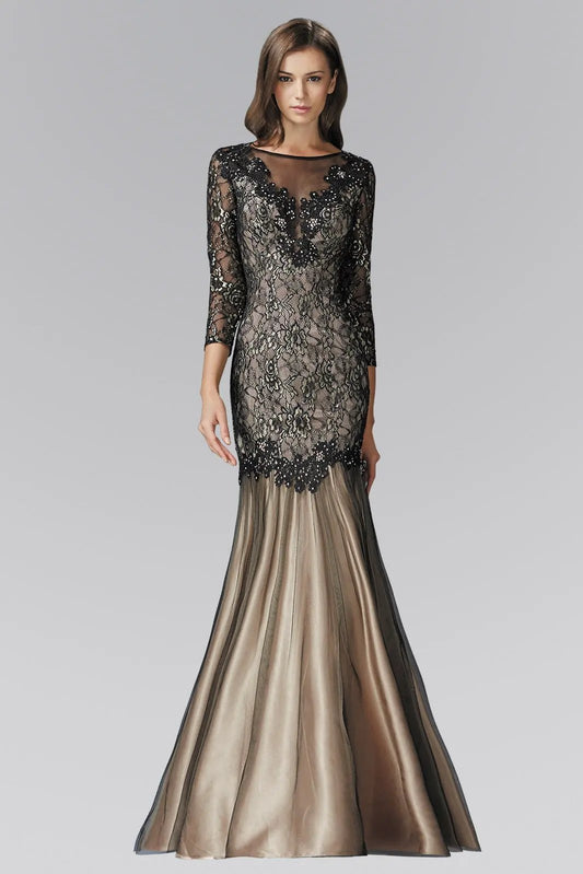 Three Quarter Length Sleeve Lace Long Dress by Tux-USA