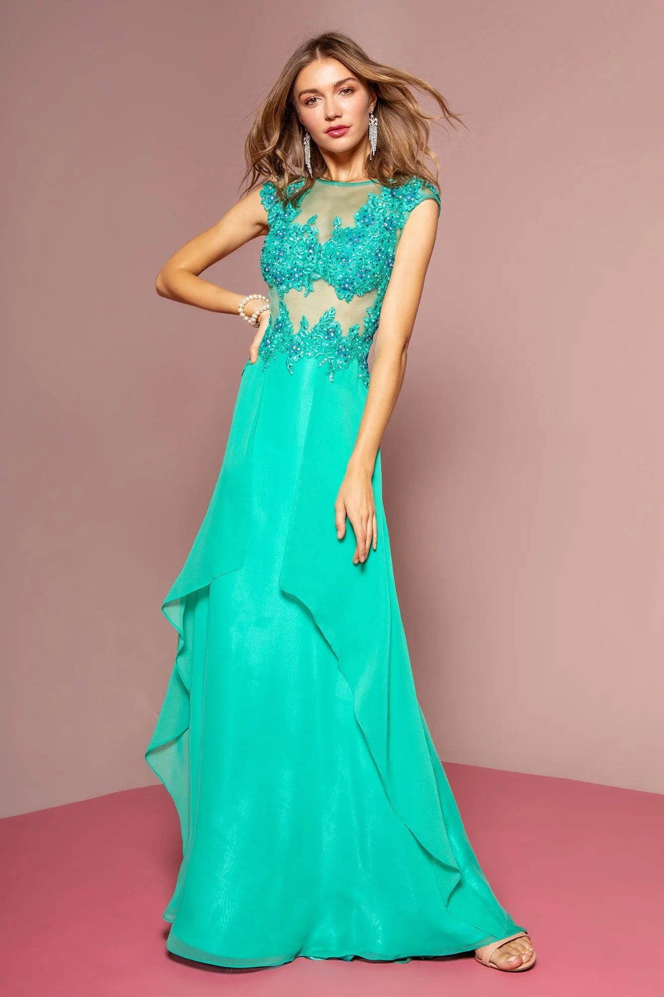 Sheer Bodice and Back Long Dress Accented with Rhinestone Over Floral Pattern Lace by Tux-USA
