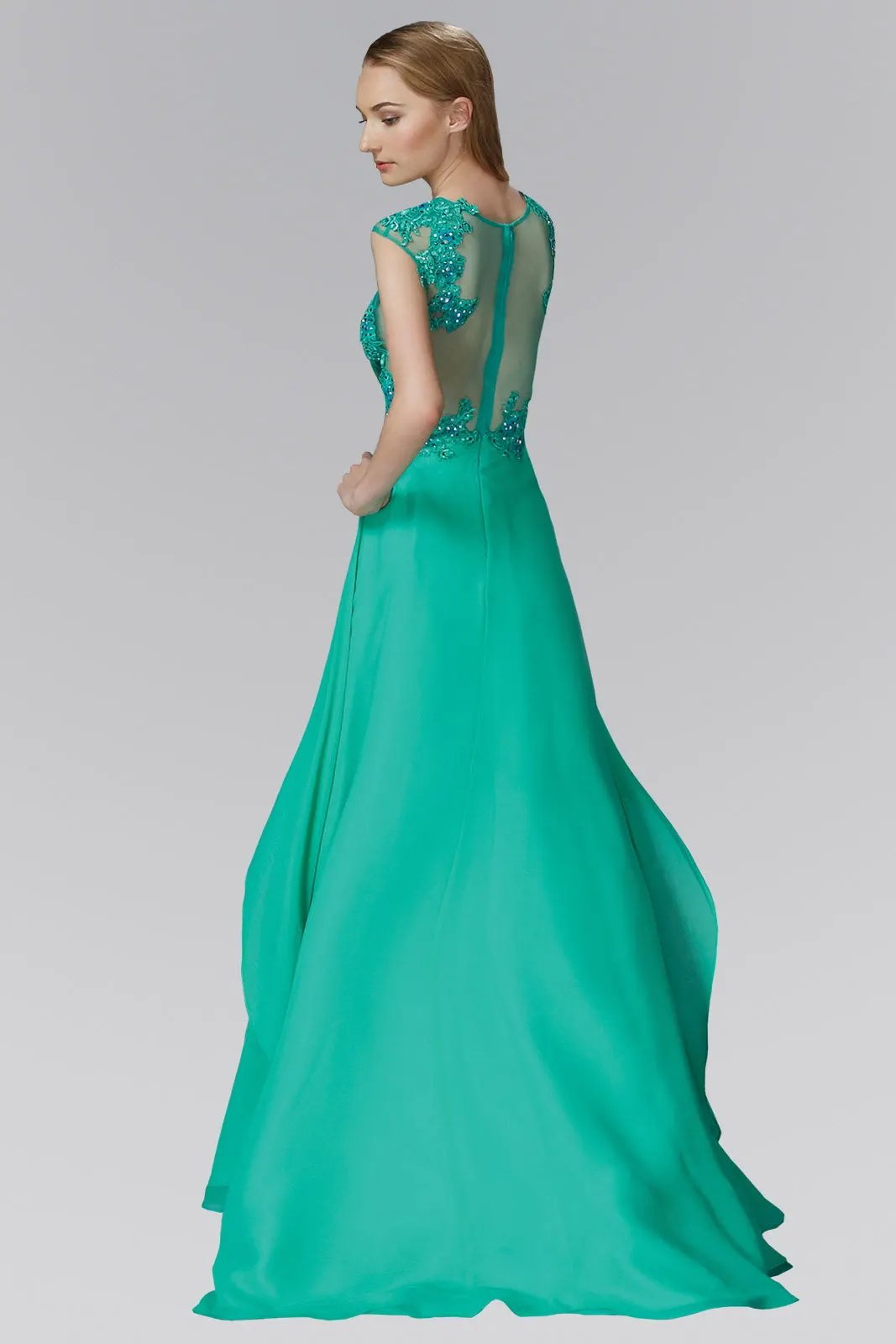 Sheer Bodice and Back Long Dress Accented with Rhinestone Over Floral Pattern Lace by Tux-USA