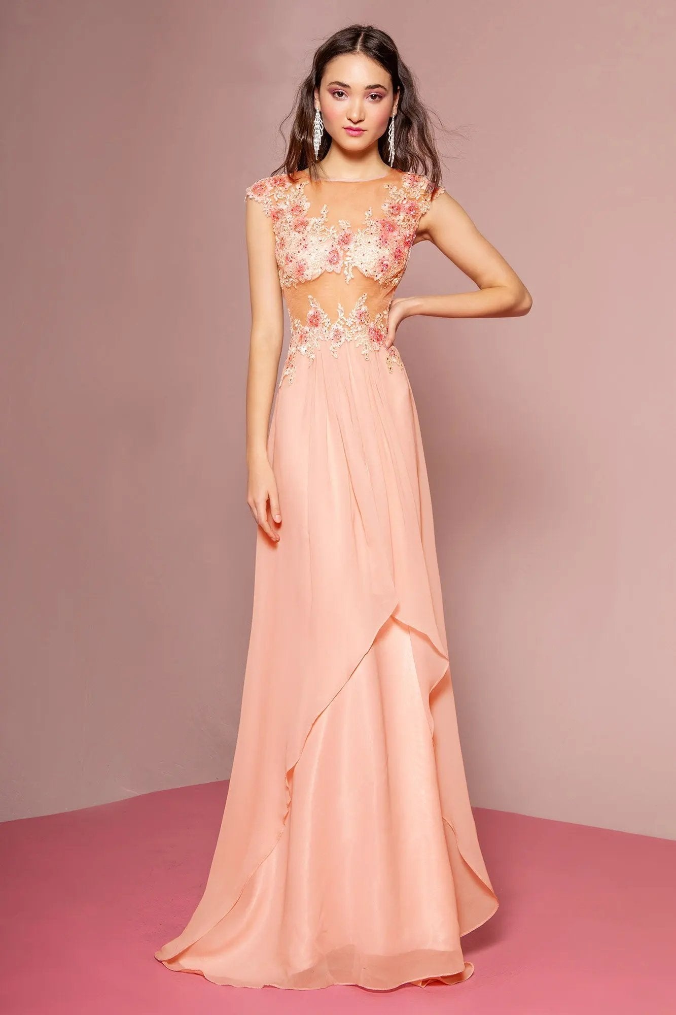 Sheer Bodice and Back Long Dress Accented with Rhinestone Over Floral Pattern Lace by Tux-USA