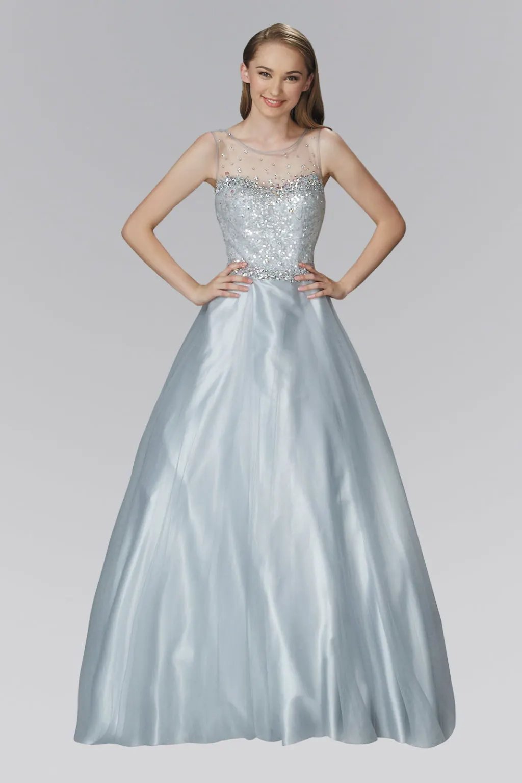 A-Line Long Dress with Sequin Embellished Sheer Bodice and back by Tux-USA