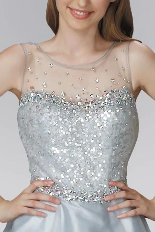 A-Line Long Dress with Sequin Embellished Sheer Bodice and back by Tux-USA