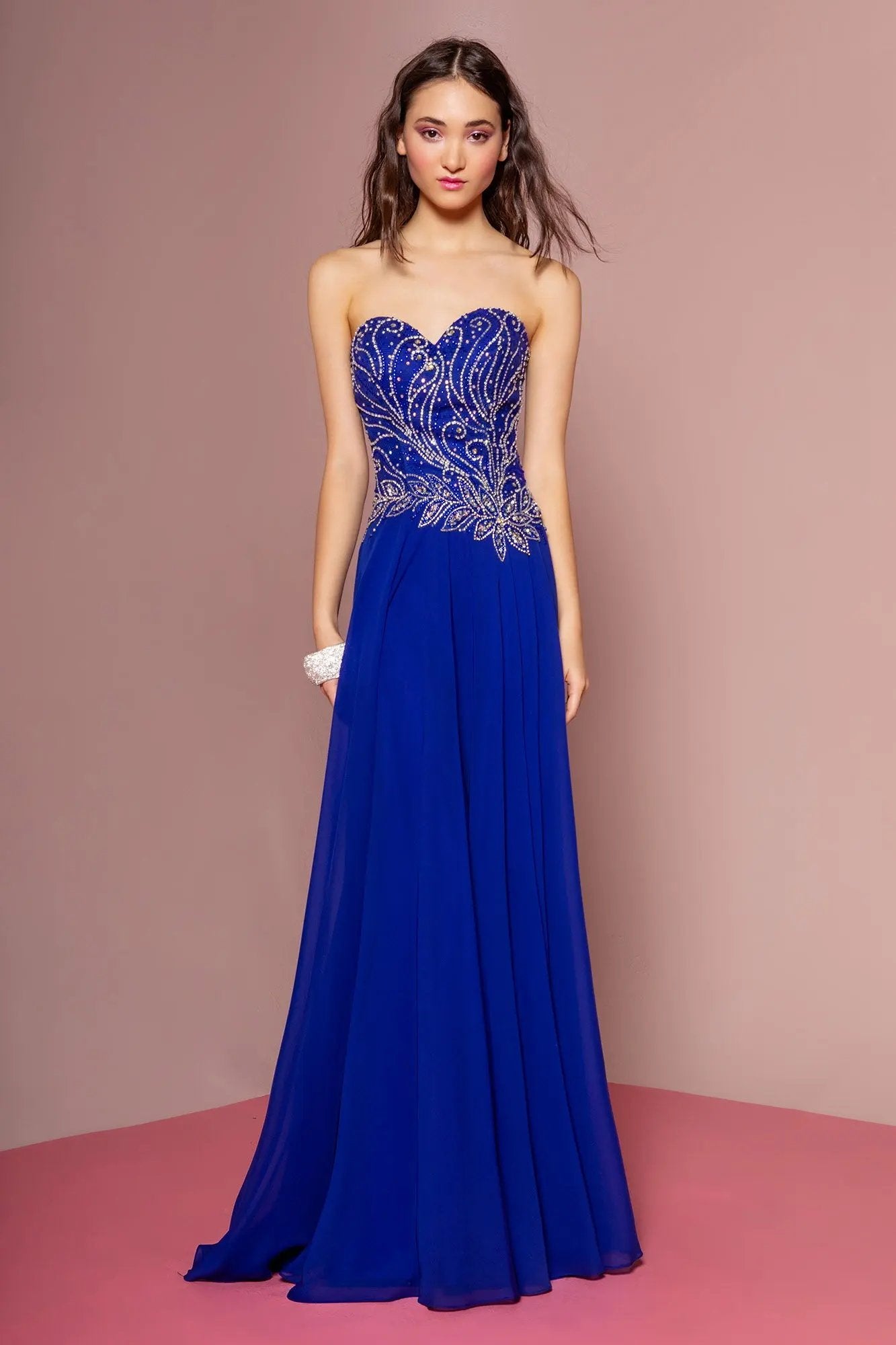 Strapless Sweetheart Chiffon Long Dress with Jewel Embellished Bodice by Tux-USA