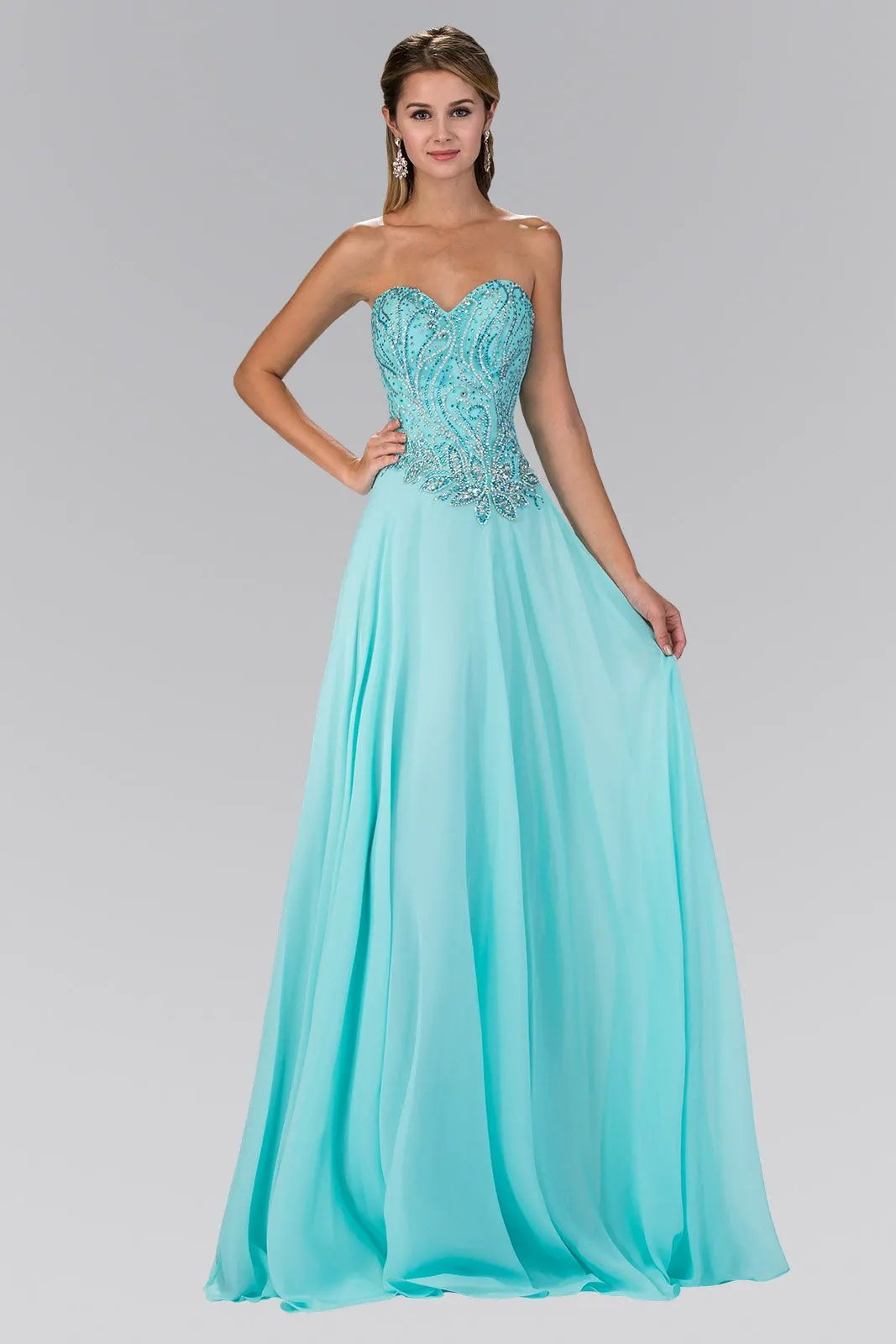 Strapless Sweetheart Chiffon Long Dress with Jewel Embellished Bodice by Tux-USA