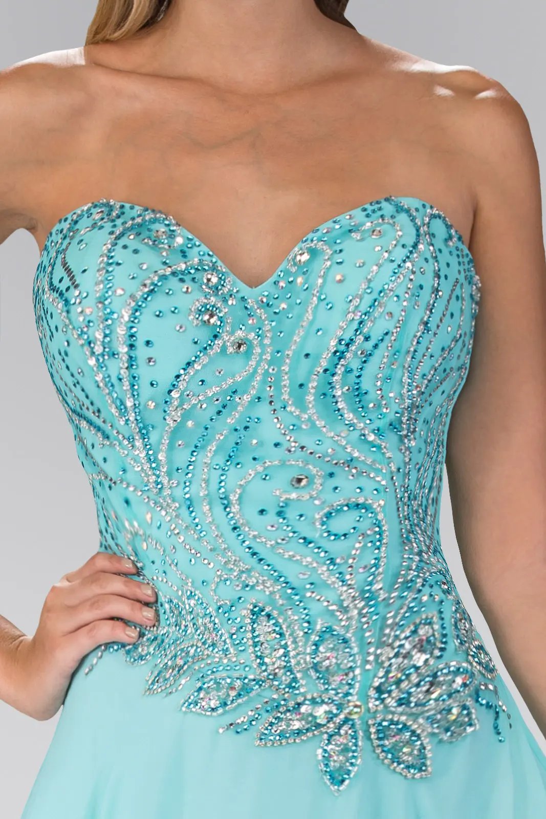 Strapless Sweetheart Chiffon Long Dress with Jewel Embellished Bodice by Tux-USA