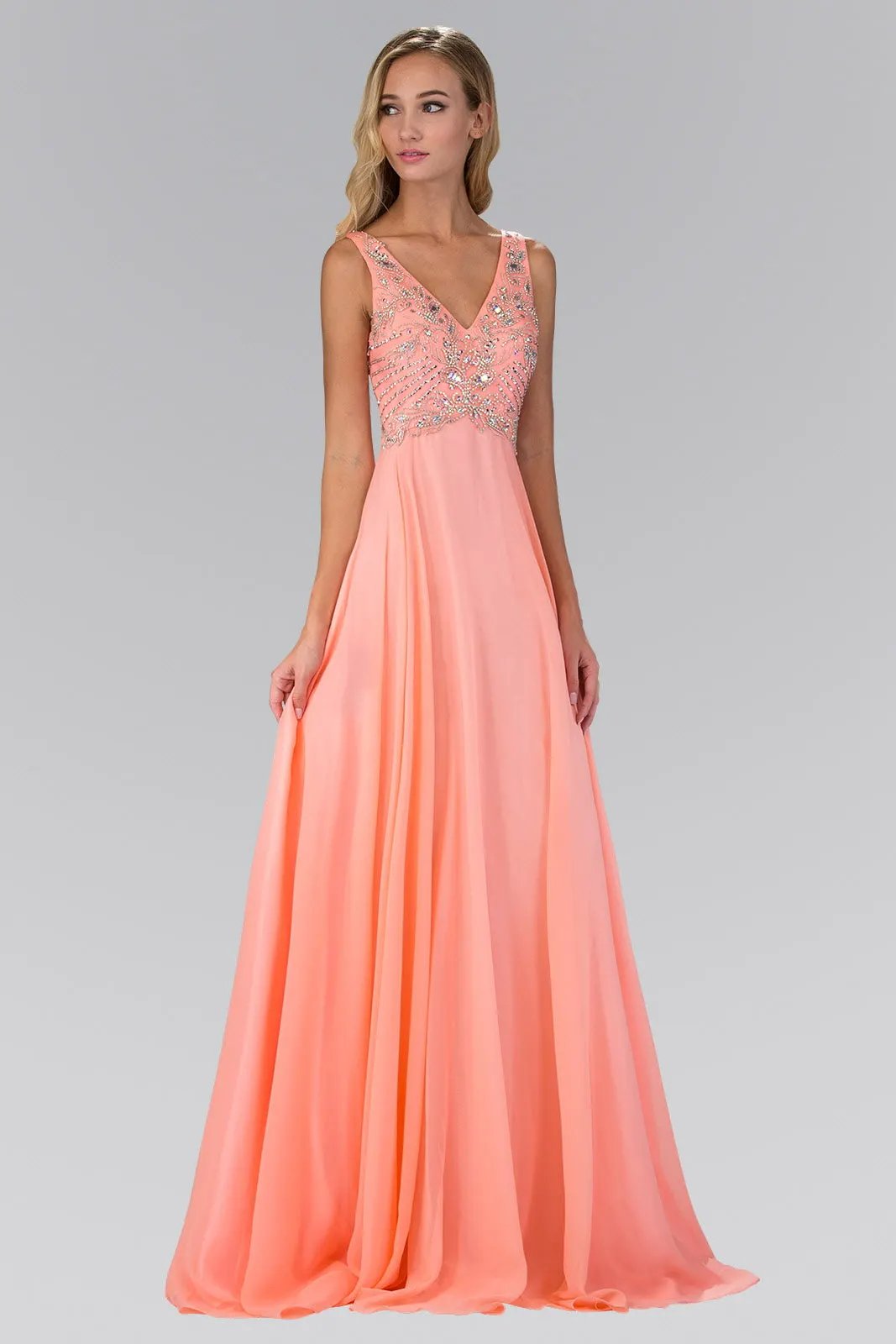 V Neck and Back Chiffon Floor Length Dress with Jewel and Sequin Bodice by Tux-USA