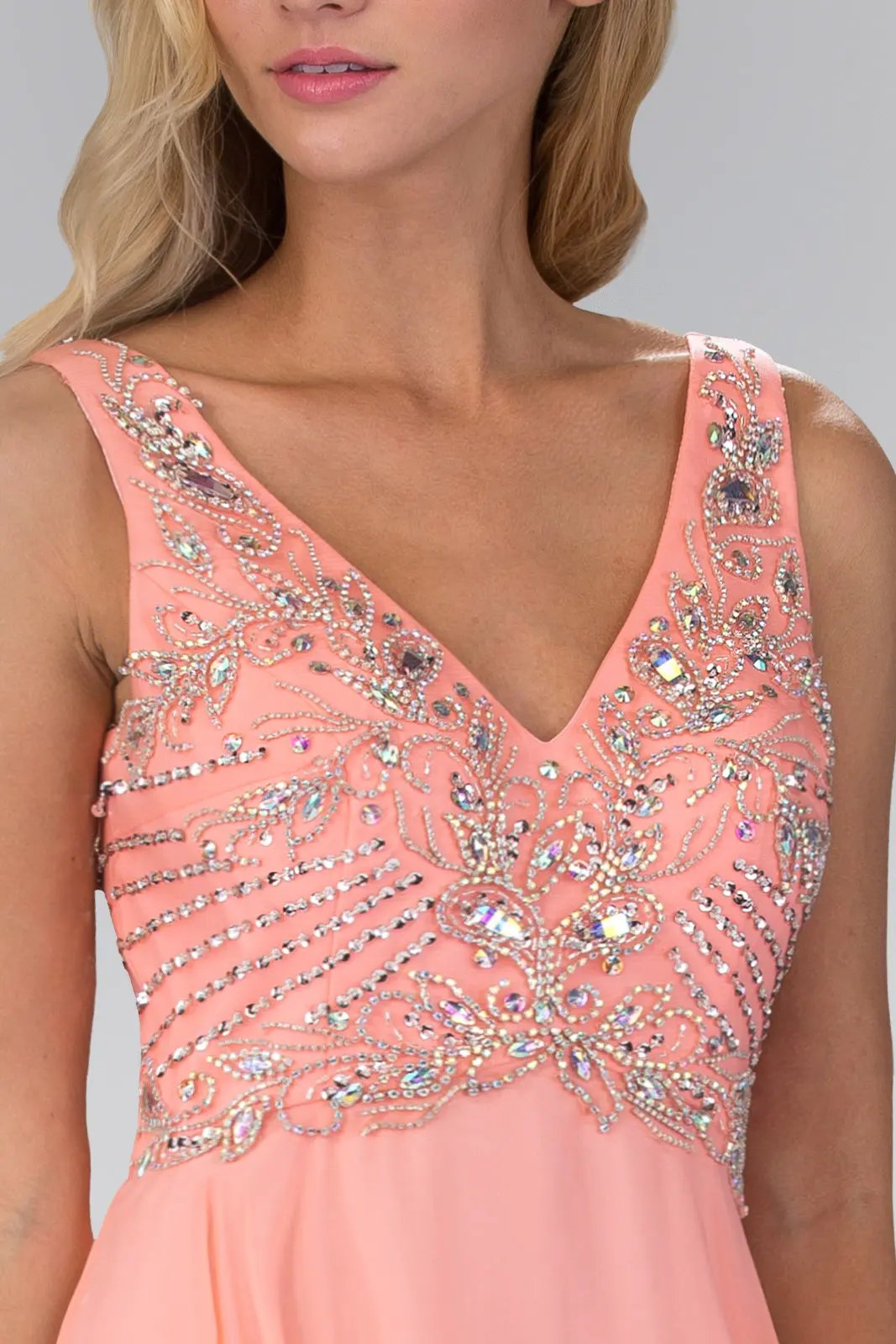 V Neck and Back Chiffon Floor Length Dress with Jewel and Sequin Bodice by Tux-USA